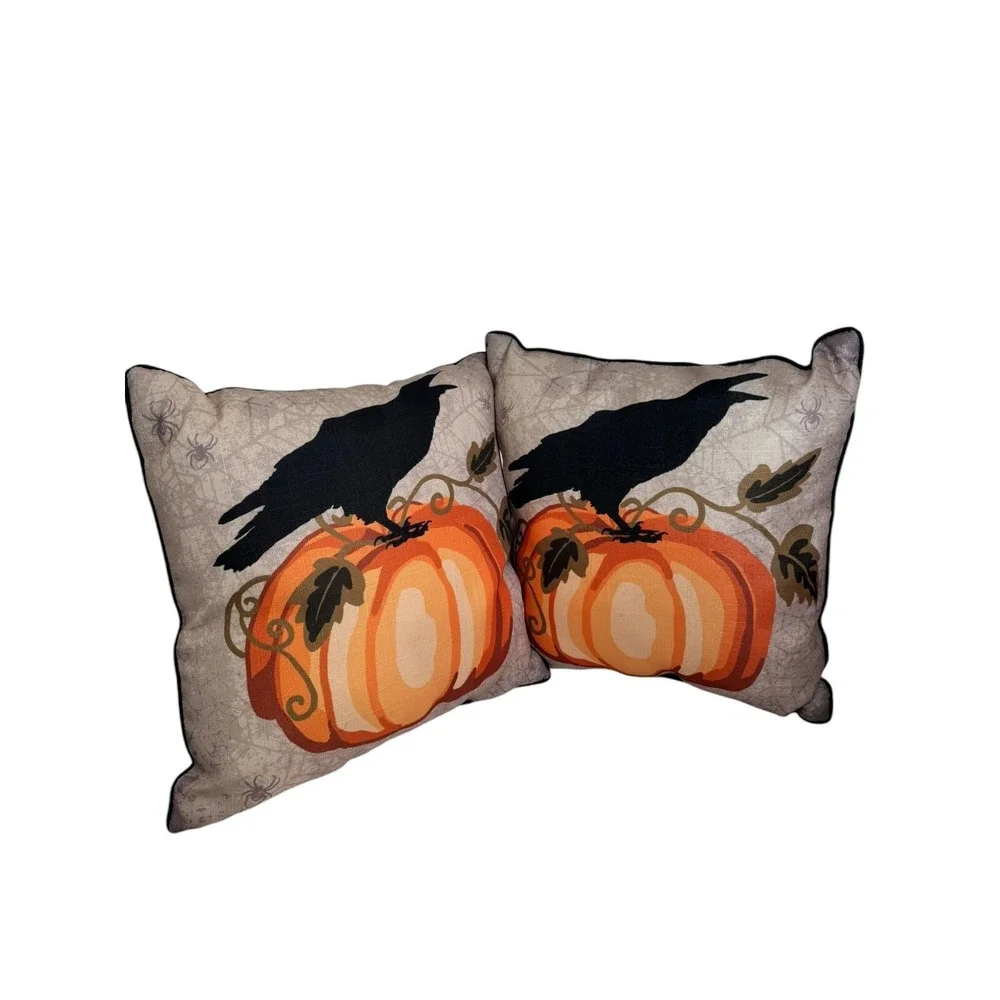 Pier 1‎ Imports Halloween Throw Pillows Crow Raven Pumpkin RARE 16 X 16